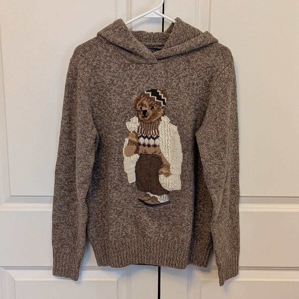 Polo Ralph Lauren Womens Polo Bear Brown Wool Cashmere Hooded Sweater Sz Med NWT